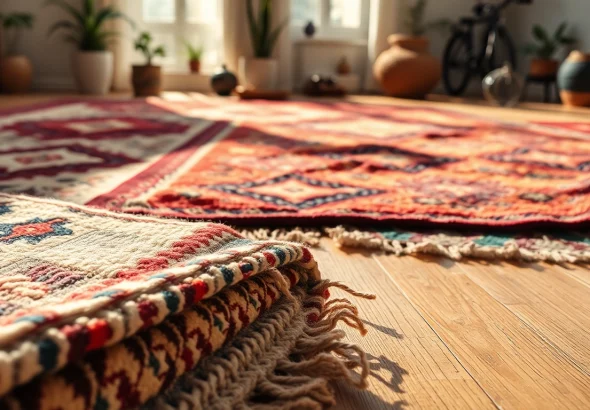 Showcase Boujaad vintage rugs with rich colors and intricate patterns in a cozy living space.