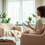 Therapist helping clients dealing with anxiety in a calming office environment.