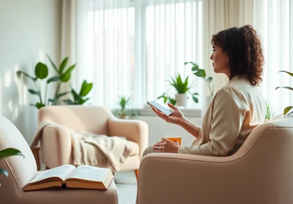 Therapist helping clients dealing with anxiety in a calming office environment.