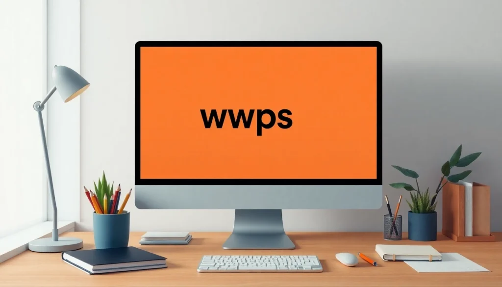 Showcase a productive workspace where wps中文版 is prominently displayed on a computer screen.