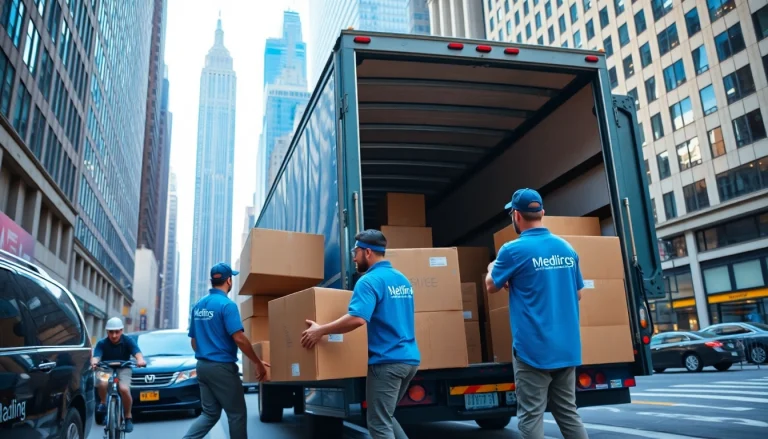 Experienced moving company nyc team efficiently relocating furniture in a busy urban setting.
