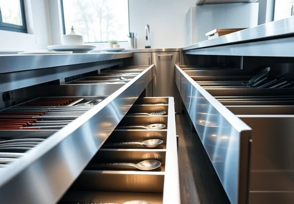 Showcase of a Metal Drawer System in a modern kitchen, emphasizing organization and sleek design.