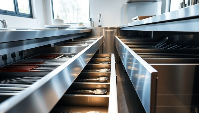 Showcase of a Metal Drawer System in a modern kitchen, emphasizing organization and sleek design.