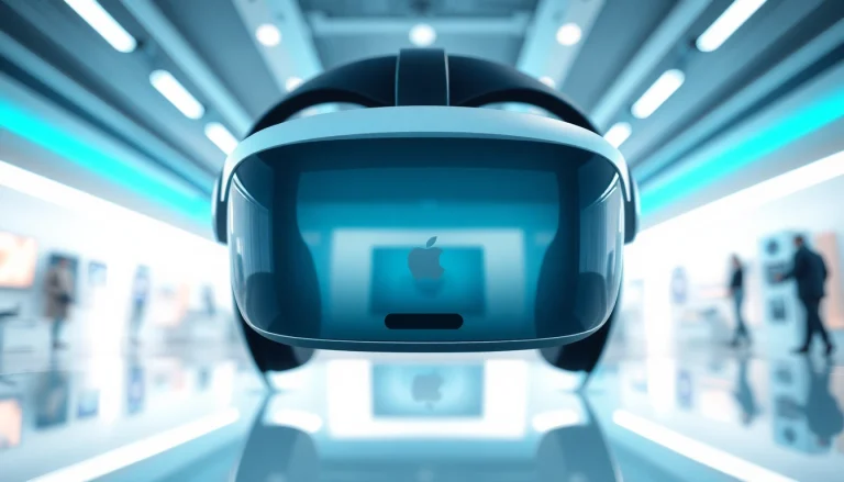 Buy Apple Vision Pro headset displayed in a modern, high-tech setting showcasing its features and design.
