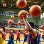 Engaged young athletes practicing basketball drills at Takeover Basketball Academy.