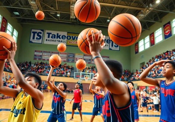 Engaged young athletes practicing basketball drills at Takeover Basketball Academy.