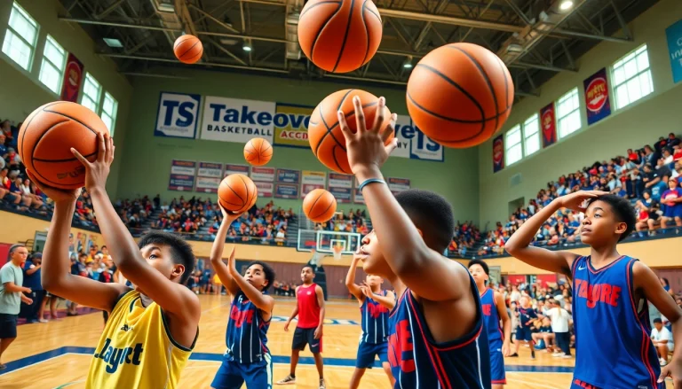 Engaged young athletes practicing basketball drills at Takeover Basketball Academy.