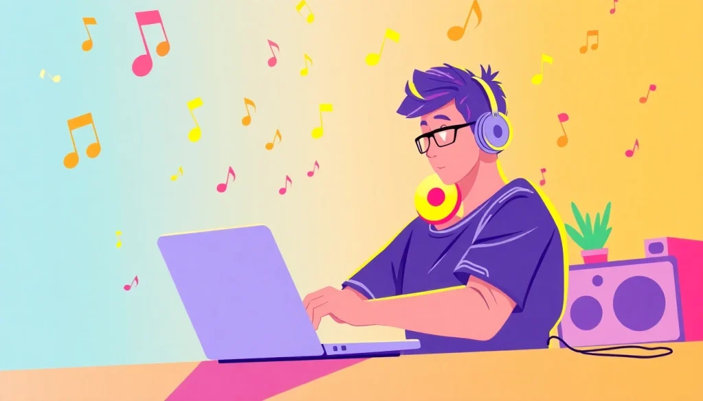 Enjoying汽水音乐网页版 on a laptop, showcasing colorful musical notes and a lively atmosphere.