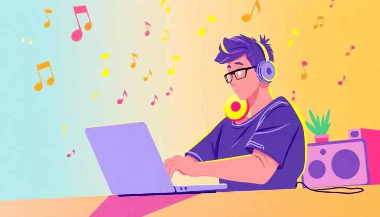 Enjoying汽水音乐网页版 on a laptop, showcasing colorful musical notes and a lively atmosphere.