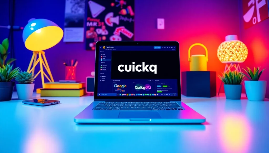 Download quickq电脑版下载 on a sleek laptop in a stylish digital workspace.