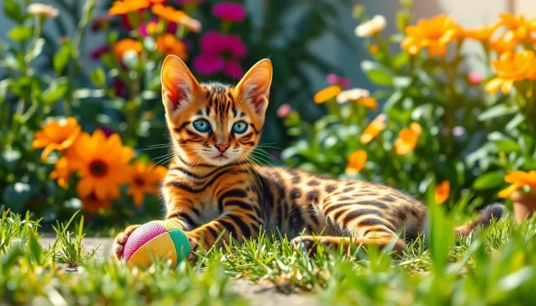 Bengal Breeders Orange County showcase playful kittens in a sunny garden setting.