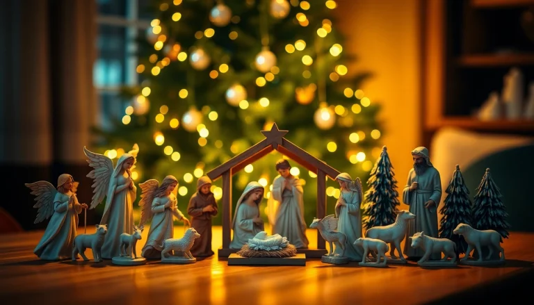 Display a heartwarming scene of Nativity sets illuminating Christmas spirit with intricate details.