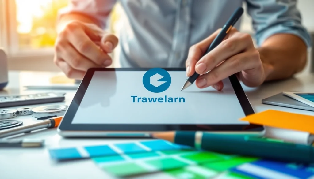 Design an engaging trademark logo highlighted in a creative workspace.
