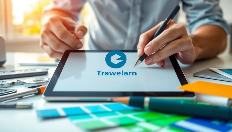 Design an engaging trademark logo highlighted in a creative workspace.
