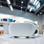 Buy Apple Vision Pro displayed prominently in a modern tech retail setting with natural lighting.