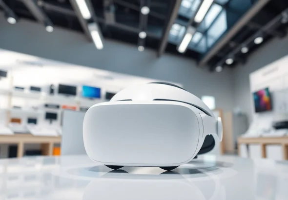 Buy Apple Vision Pro displayed prominently in a modern tech retail setting with natural lighting.