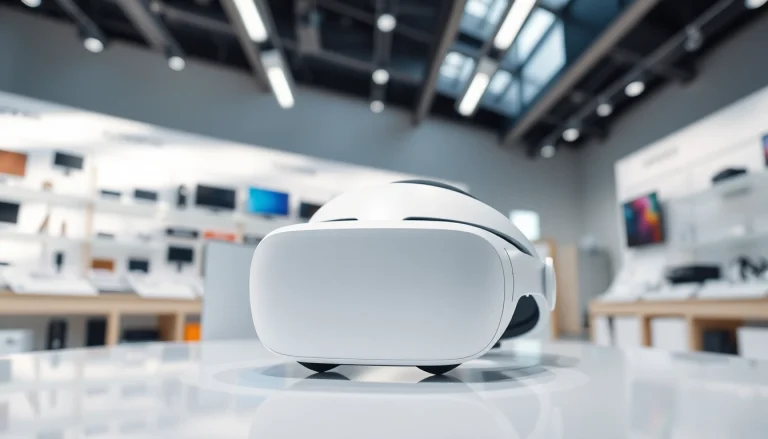 Buy Apple Vision Pro displayed prominently in a modern tech retail setting with natural lighting.