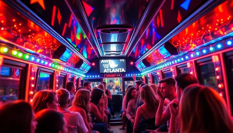 Join an Atlanta party bus filled with vibrant lights and joyful passengers celebrating in style.
