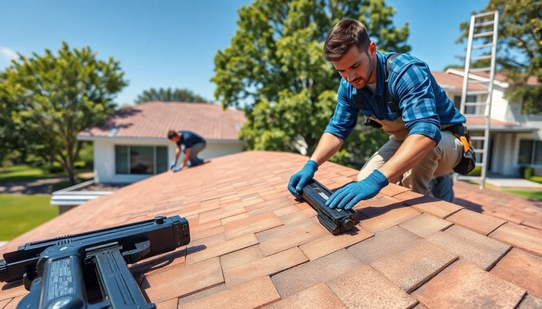 Quality work by local roofers near me during a roofing project in a cheerful suburban setting.