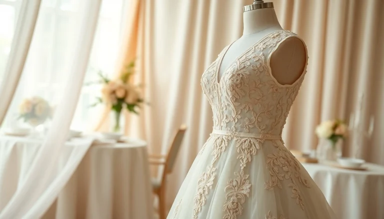 Featuring elegant reception wedding dresses, this stunning gown showcases intricate lace detailing and pastel colors.