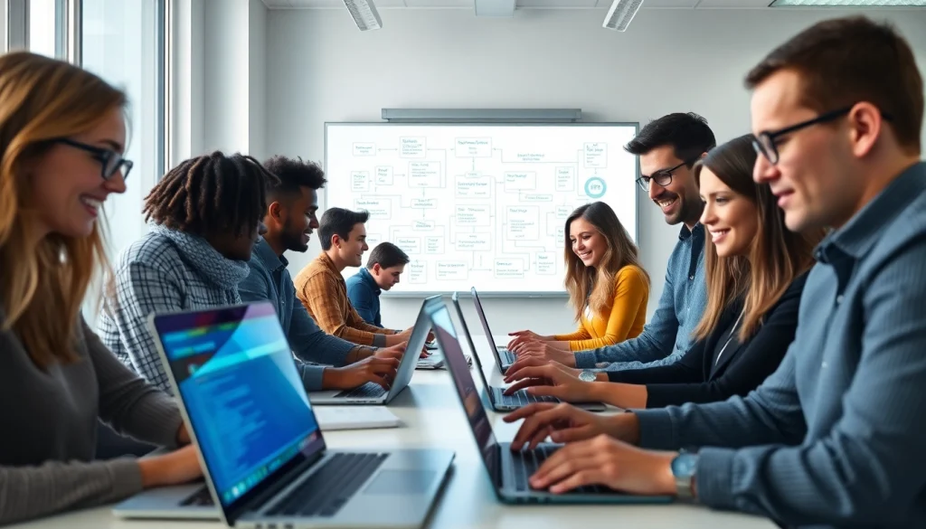 Showcasing a diverse team collaborating on web development projects in a bright office space.