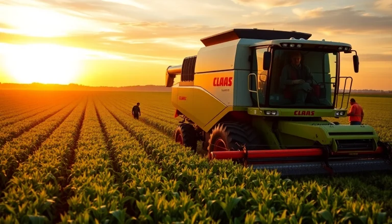 Claas Erntemaschinen im Einsatz auf einem Feld bei Sonnenuntergang.