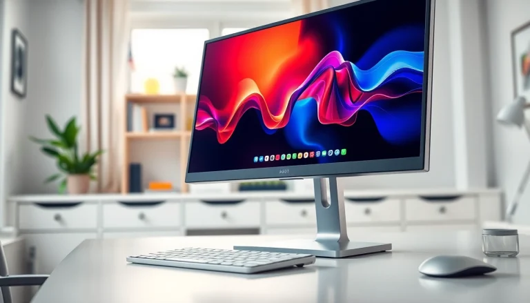 View of a high-resolution Monitor set in a modern home office with a vibrant display.