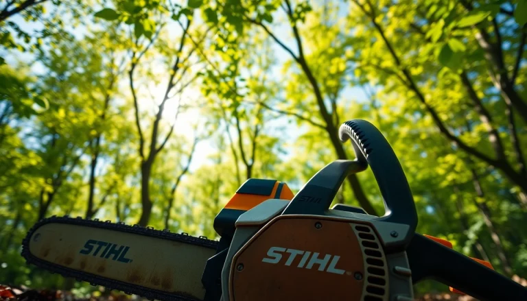 Stihl Kettensäge in einem sonnigen Wald mit fokussiertem Werkzeug.