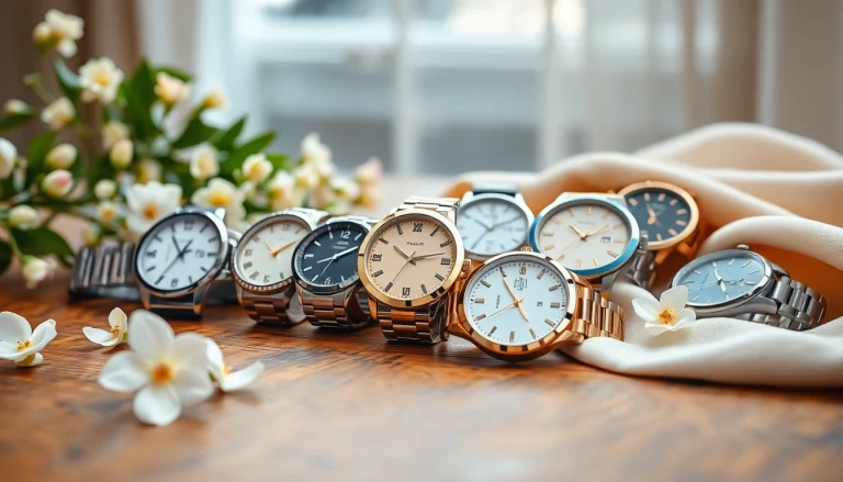 Damen Armbanduhren in eleganten Designs präsentieren sich auf einem Tisch mit floralen Akzenten.