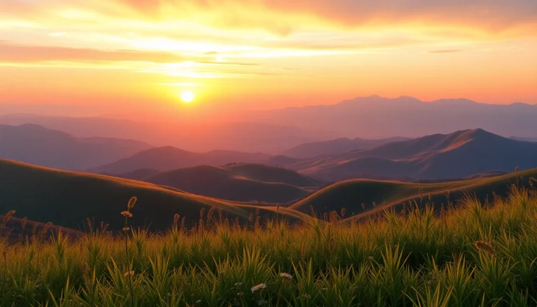 Admire stunning landscape paintings featuring rolling hills and a serene sunset.