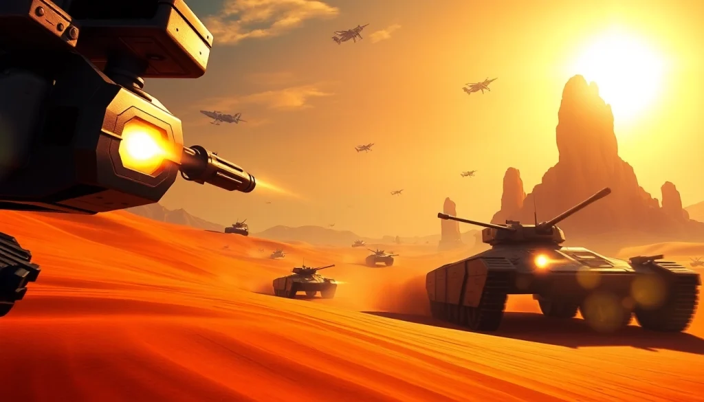Action-packed scene from the Dune 2 game featuring futuristic tanks in battle.
