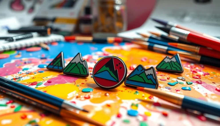 Showcase custom acrylic pins artistically arranged with vibrant colors and design props.