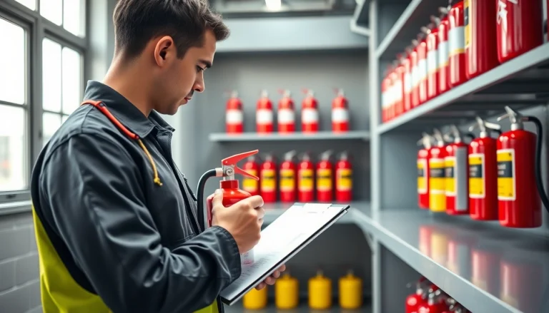 Fire extinguisher servicing technician conducting a thorough inspection efficiently.