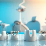 Showcasing various dental crowns on a table in a modern clinic setting.