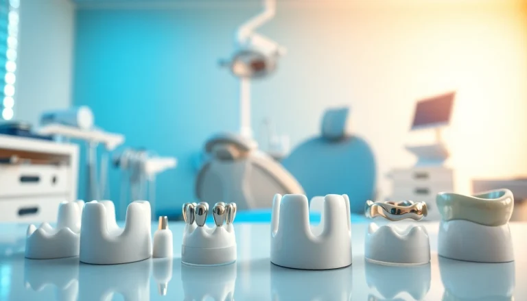 Showcasing various dental crowns on a table in a modern clinic setting.