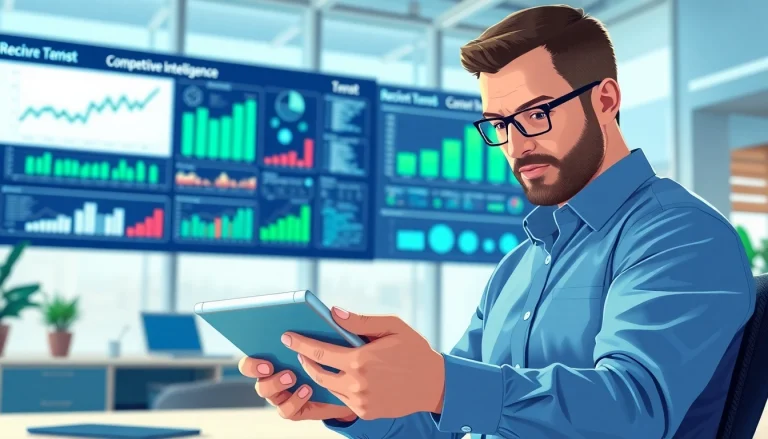 Analyze competitive intelligence data in a modern office with focused business analyst.