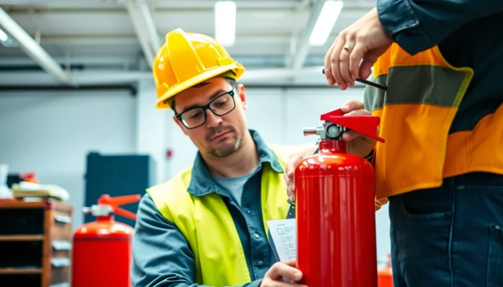 Technician demonstrating fire extinguisher servicing Lichfield in a professional setting.