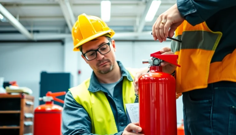 Technician demonstrating fire extinguisher servicing Lichfield in a professional setting.