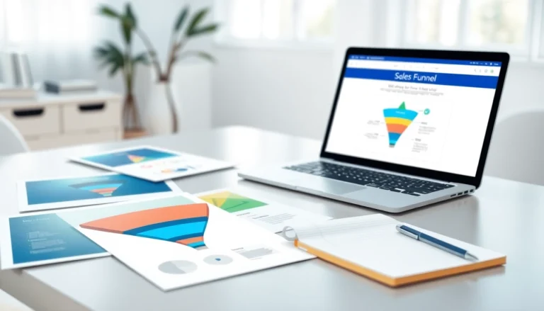 Showcasing funnel templates on an elegant workspace with a laptop and colorful designs.