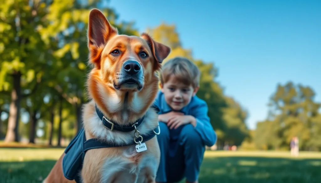 Engaging autism service dogs for sale providing companionship and support in a peaceful park.