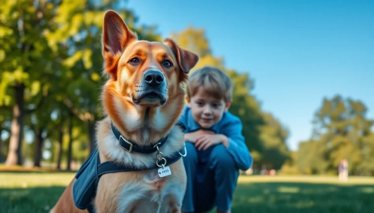 Engaging autism service dogs for sale providing companionship and support in a peaceful park.