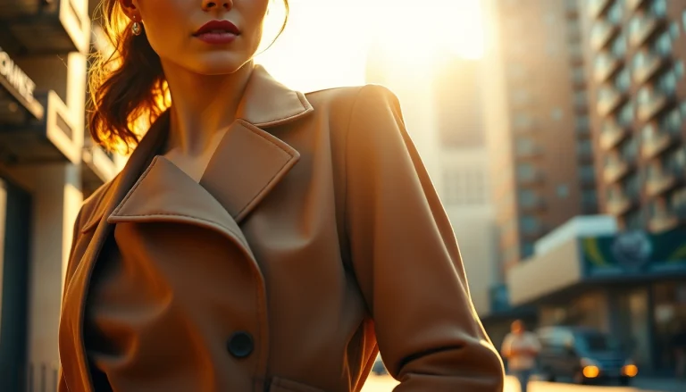 Showcasing a chic jacket womens against an urban backdrop, highlighting style and detail.