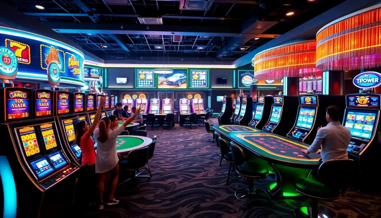 Join the excitement at TPower casino, where players celebrate wins amidst dazzling games and vibrant lights.