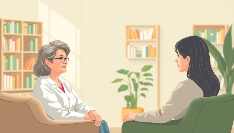 A warm therapeutic setting illustrating dealing with depression with a compassionate therapist and client conversation.