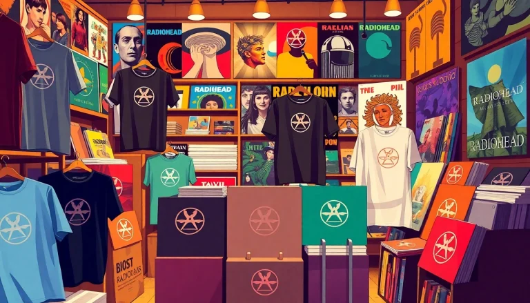 Showcasing captivating radiohead merch with vibrant T-shirts, vinyl records, and unique accessories.