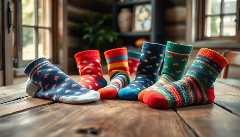Showcase of 5 Pairs Mixed Socks displaying vibrant patterns and colors in a cozy setting.
