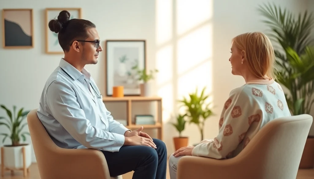 Therapist engaging in supportive conversation focused on healing trauma in a calming environment.