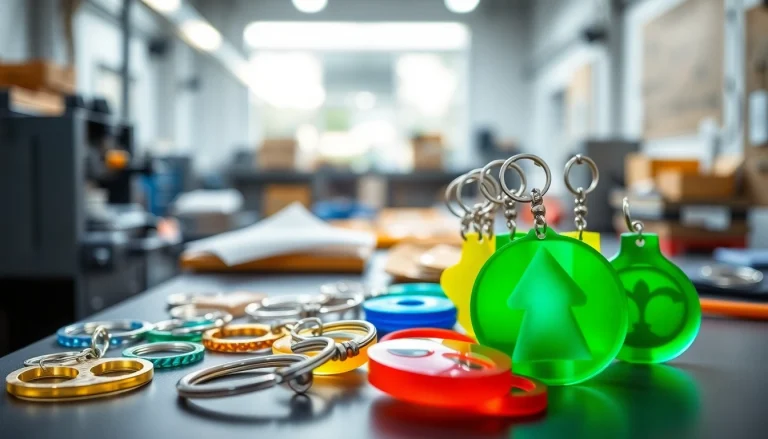 Custom designs by an acrylic keychain manufacturer displayed artfully in a well-lit workshop.