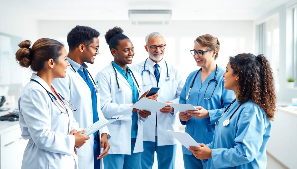 Health Care support Service team collaborating in a modern clinic environment, fostering teamwork and care.