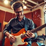 Engaging scene of music pitching featuring a passionate musician performing an electric guitar.